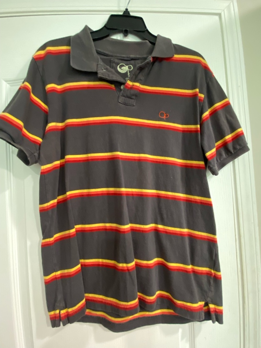 OP Striped Polo in Charcoal with Red & Yellow Bands